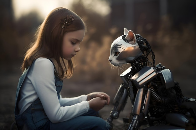 A girl with a robot cat Generative AI