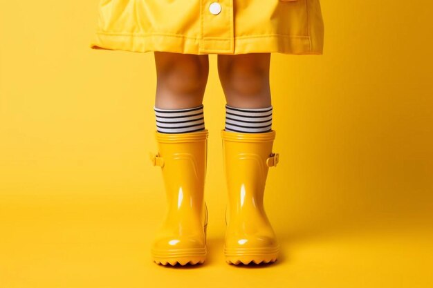 노란색 배경 위에 비와 우산을 입은 고무 부츠를 입은 소녀