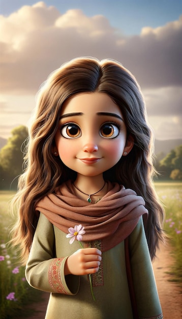 a girl with a scarf around her neck is holding a flower in her hand