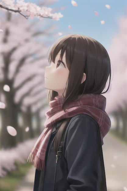 A girl with a scarf and scarf looks up at the sky