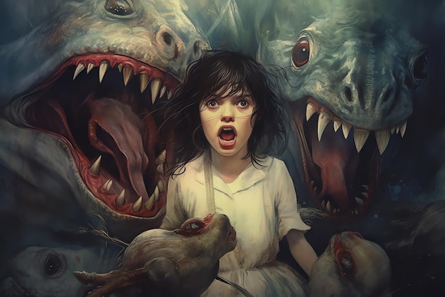 A girl with a shark head sits in front of a painting of a girl with a white dress and a black hair.