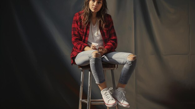 Photo girl with shoes is sitting on a chair