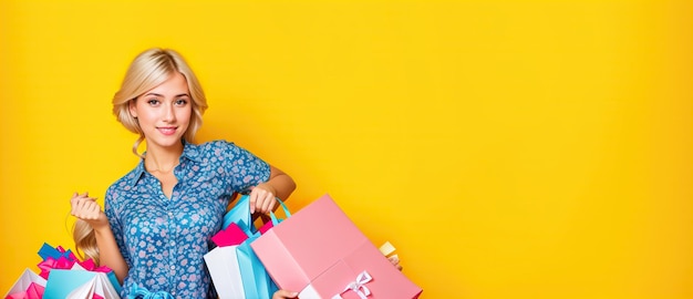 Girl with shopping bags shopping on a yellow background banner Generative AI