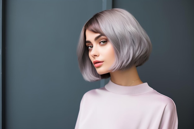 Girl with short bob haircut on gray background