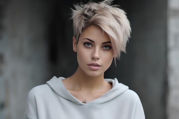 Girl with short bob haircut on gray background