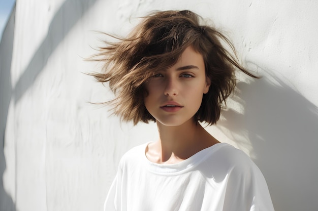 Girl with short bob haircut on light background
