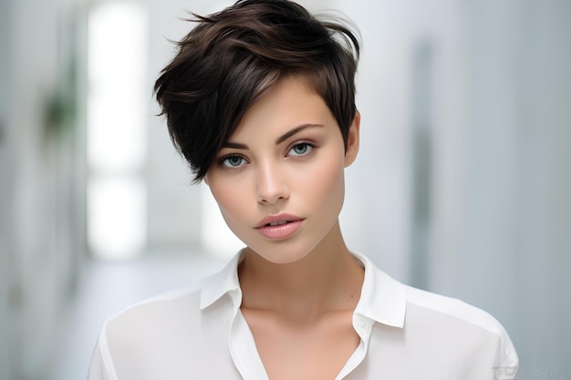 Girl with short bob haircut on light background