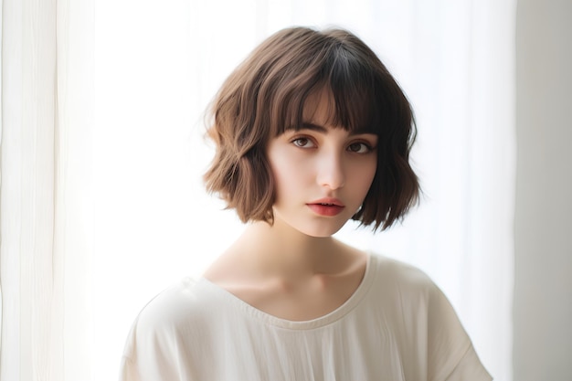 写真 明るい背景にショート ボブのヘアカットの女の子