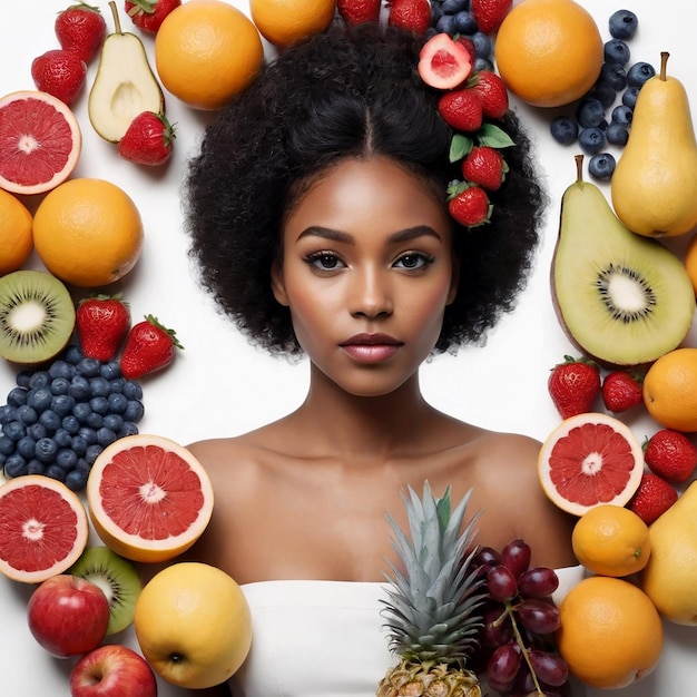Girl with short hair collage with fruits