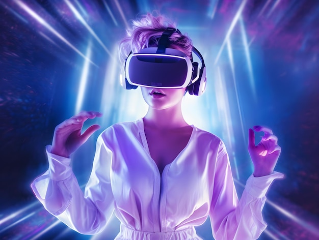 짧은 머리카락을 가진 소녀는 VR scifi에서 영감을 받은 사진으로 장식된 얼굴을 앞으로 쳐다보고 있습니다.