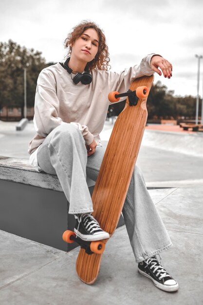 Girl with skateboard sitting in park