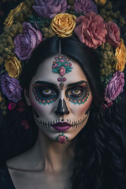 Girl with skeleton makeup and flowers in her hair on a dark background day of the dead AIGenerated