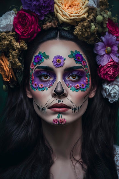 Girl with skeleton makeup and flowers in her hair on a dark background day of the dead