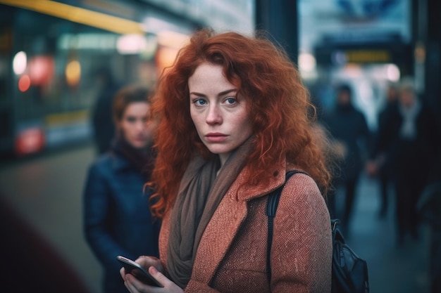 A girl with a smartphone stands among a large number of people