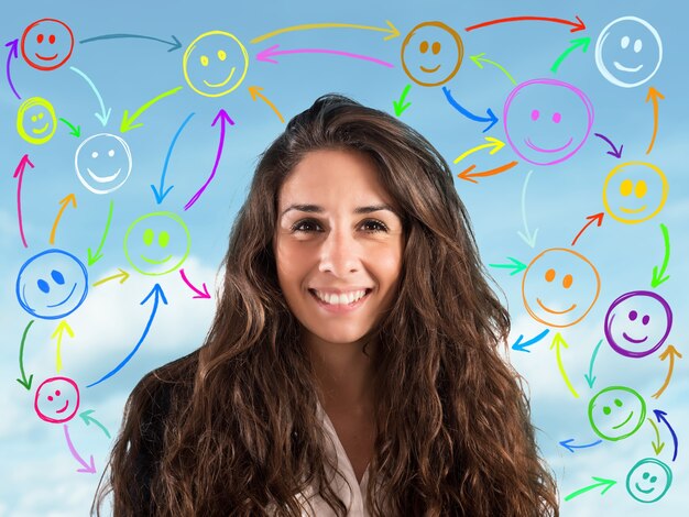 Ragazza con la faccia sorridente con le faccine di sfondo collegate tra loro. concetto di chat sul social network