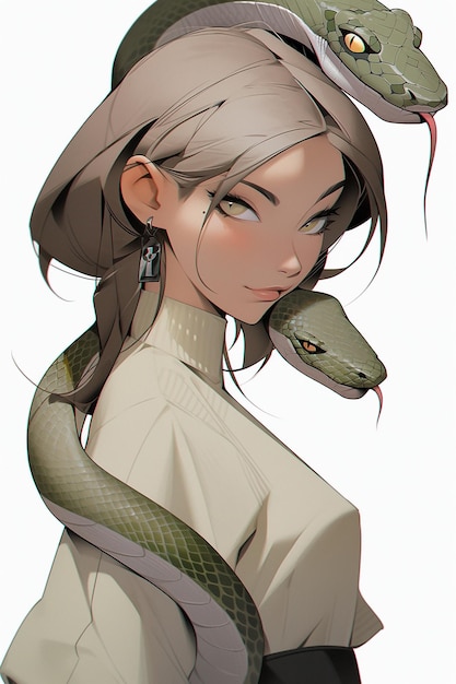 A girl with a snake on her head