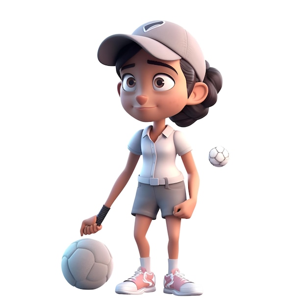 サッカー ボールを持つ少女孤立した白い背景の 3 D レンダリング
