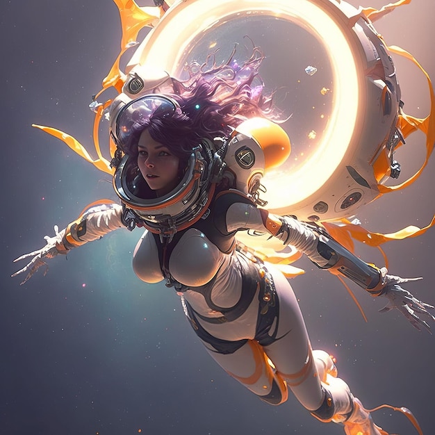 Girl with spacesuit exploring galaxy. Fantasy art.