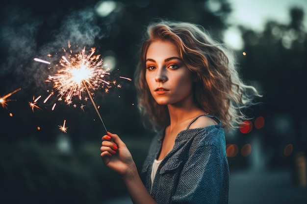 girl in with sparkler celebrating national holiday Independence day Patriotic concept