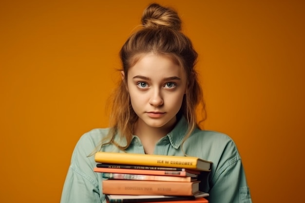 A girl with a stack of books on her shoulders is holding a book