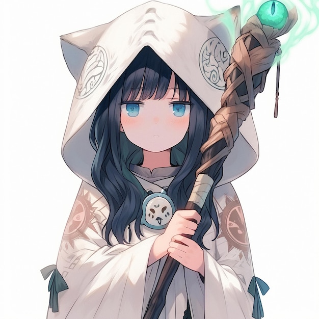 A girl with a staff in the style of anime and classic rpg games