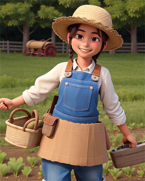 a girl with a straw hat and a basket of vegetables.