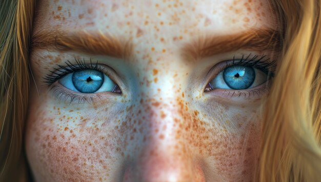 Girl with striking blue eyes and freckles Closeup of a beautiful girl with red hair and blue eyes