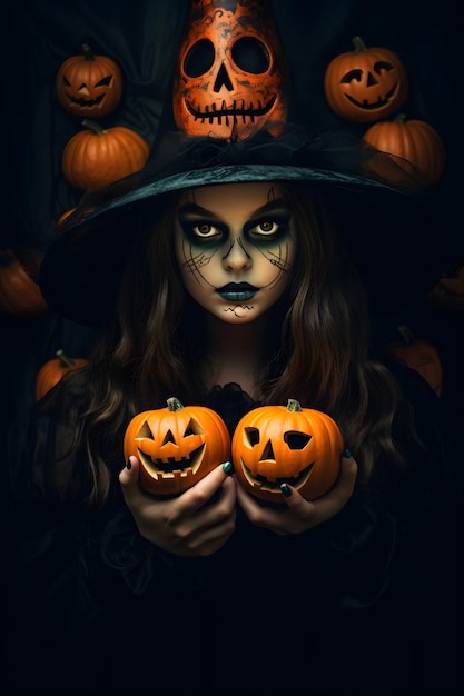 girl with sugar skull makeup in witch halloween costume witches hat holding pumpkin Jack O Lanterns