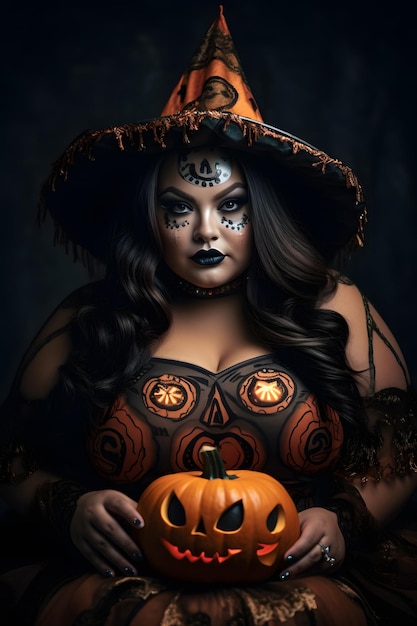 girl with sugar skull makeup in witch halloween costume witches hat holding pumpkin Jack O Lanterns