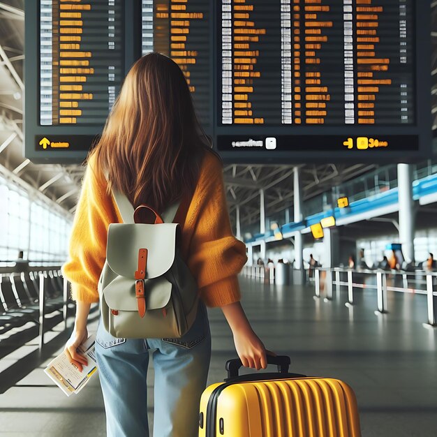 写真 空港ターミナルでフライト情報ボードを見ているスーツケースを持った女の子