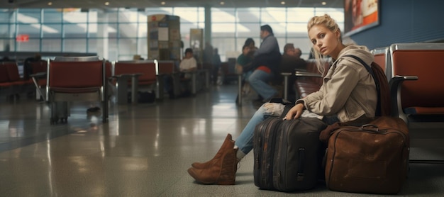 Photo girl with a suitcase waiting at the airport generative ai