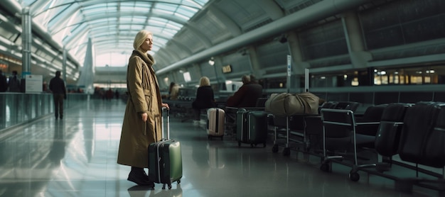девушка с чемоданом ждет в аэропорту Генеративный ИИ