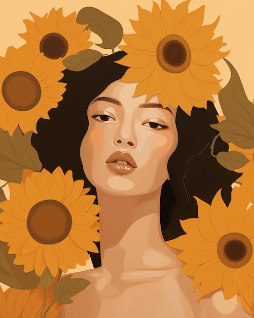 Foto ragazza con girasole bella grafica di illustrazione vettoriale