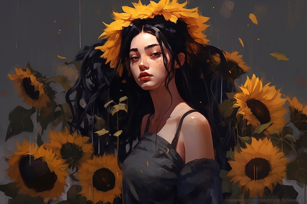 A girl with a sunflower crown on her head