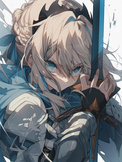 Premium AI Image  A girl with a sword in her hair and a blue sash with the  words  the name of the anime  on it.