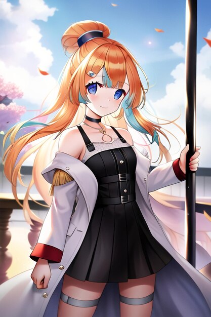 Premium AI Image  A girl with a sword in her hair and a blue sash with the  words  the name of the anime  on it.