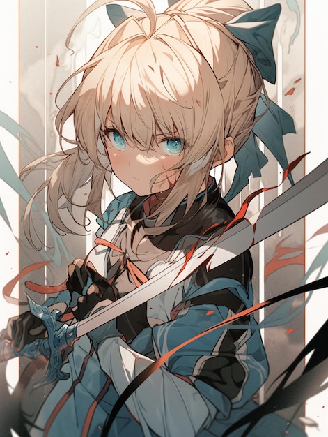 Premium AI Image  A girl with a sword in her hair and a blue sash with the  words  the name of the anime  on it.