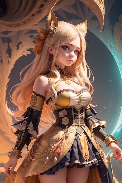 A girl with a sword in her hair stands in front of a planet.