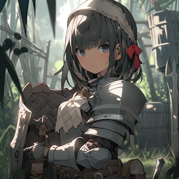 Photo a girl with a sword and a red bow on her head stands in a forest.