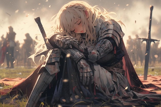 A girl with a sword sits in a field of snow.