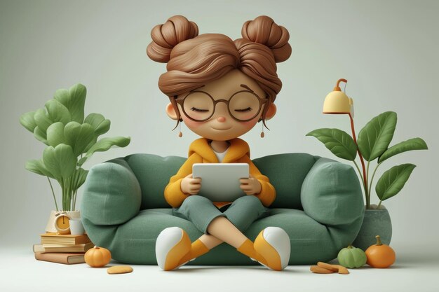 Photo a girl with a tablet is sitting on a green sofa on a white background 3d illustration