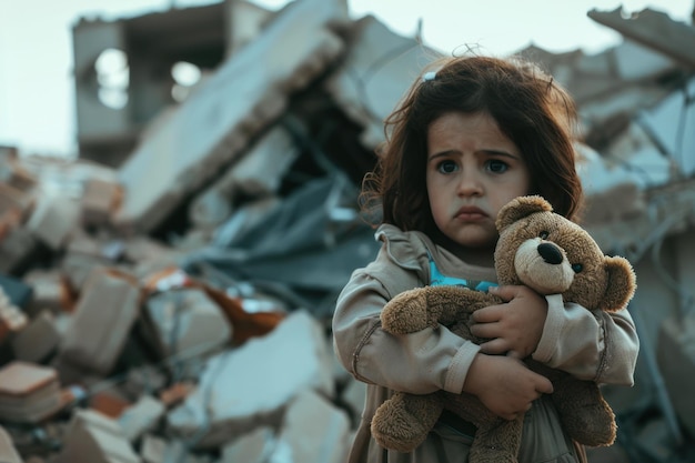 Photo girl with teddy bear against the backdrop of destroyed city children of war stop war stop violence