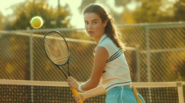 a girl with a tennis racket in her hand and the letter p on the back of her shirt