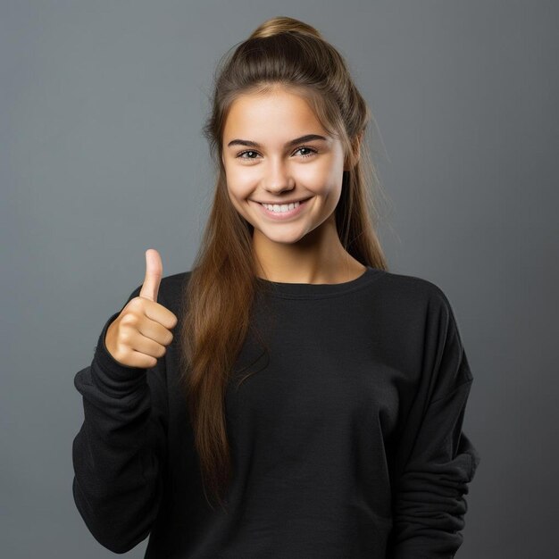 A girl with a thumbs up sign that says thumbs up.