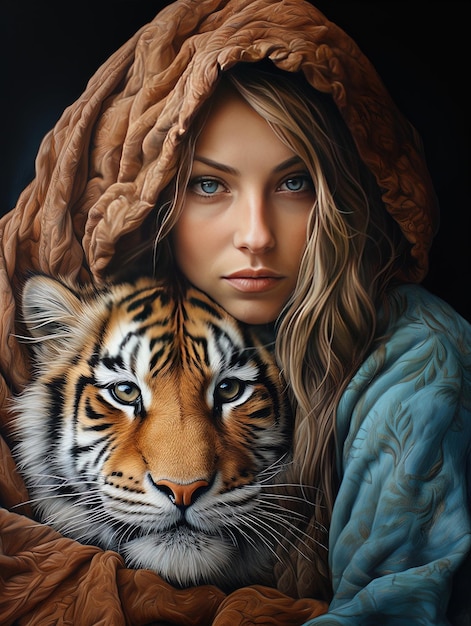 Photo a girl with a tiger on her shoulder