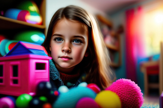 Девушка с игрушечным домиком на заднем плане