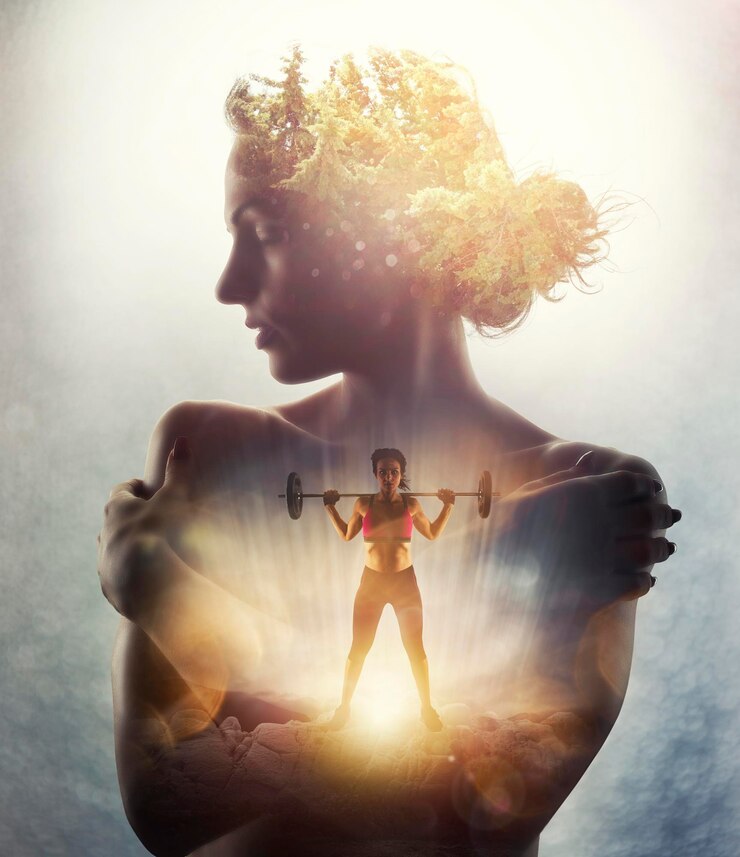 Photo girl with tree in hair and fitness spirit inside double exposure