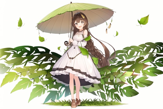 A girl with an umbrella in the garden