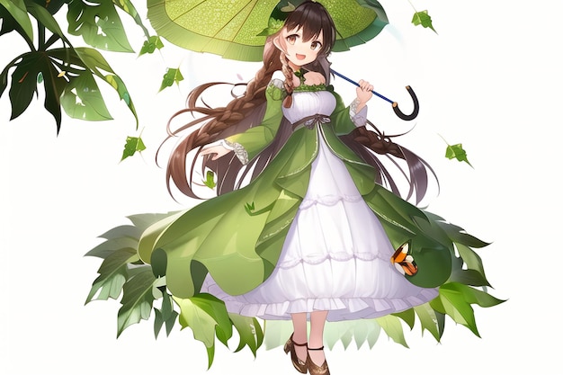 A girl with an umbrella and a green dress