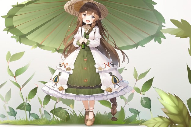 A girl with an umbrella is standing in the grass